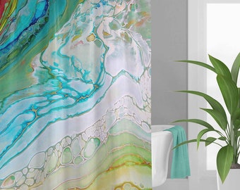 Abstract Coastal Shower Curtain, Blue Green Ocean Beach Bathroom Curtain and bath mat
