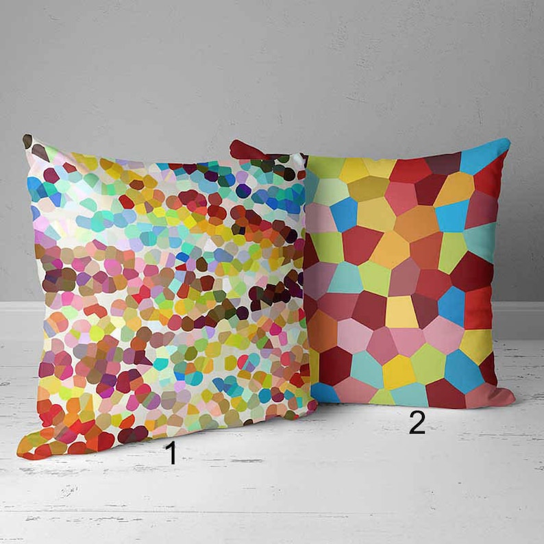 Colorful mosaic throw pillow covers, stained glass pattern, blue, red, orange, yellow
