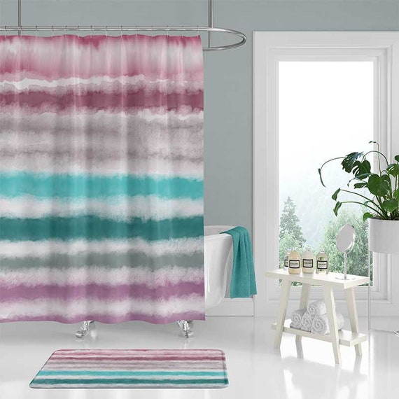 Watercolor Shower Curtain Bath Mat Set, Mauve Shower Curtain Set