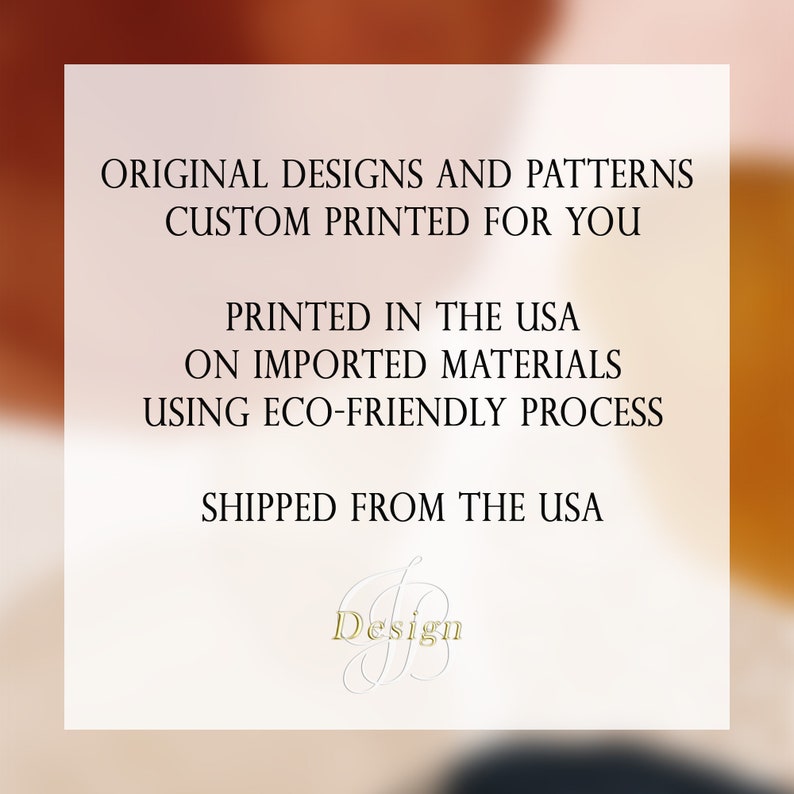 May include: Text graphic with the words "Original Designs and Patterns Custom Printed for You" and "Printed in the USA on Imported Materials Using Eco-Friendly Process" and "Shipped from the USA". The text is in black and the background is a gradient of orange, pink, and blue.