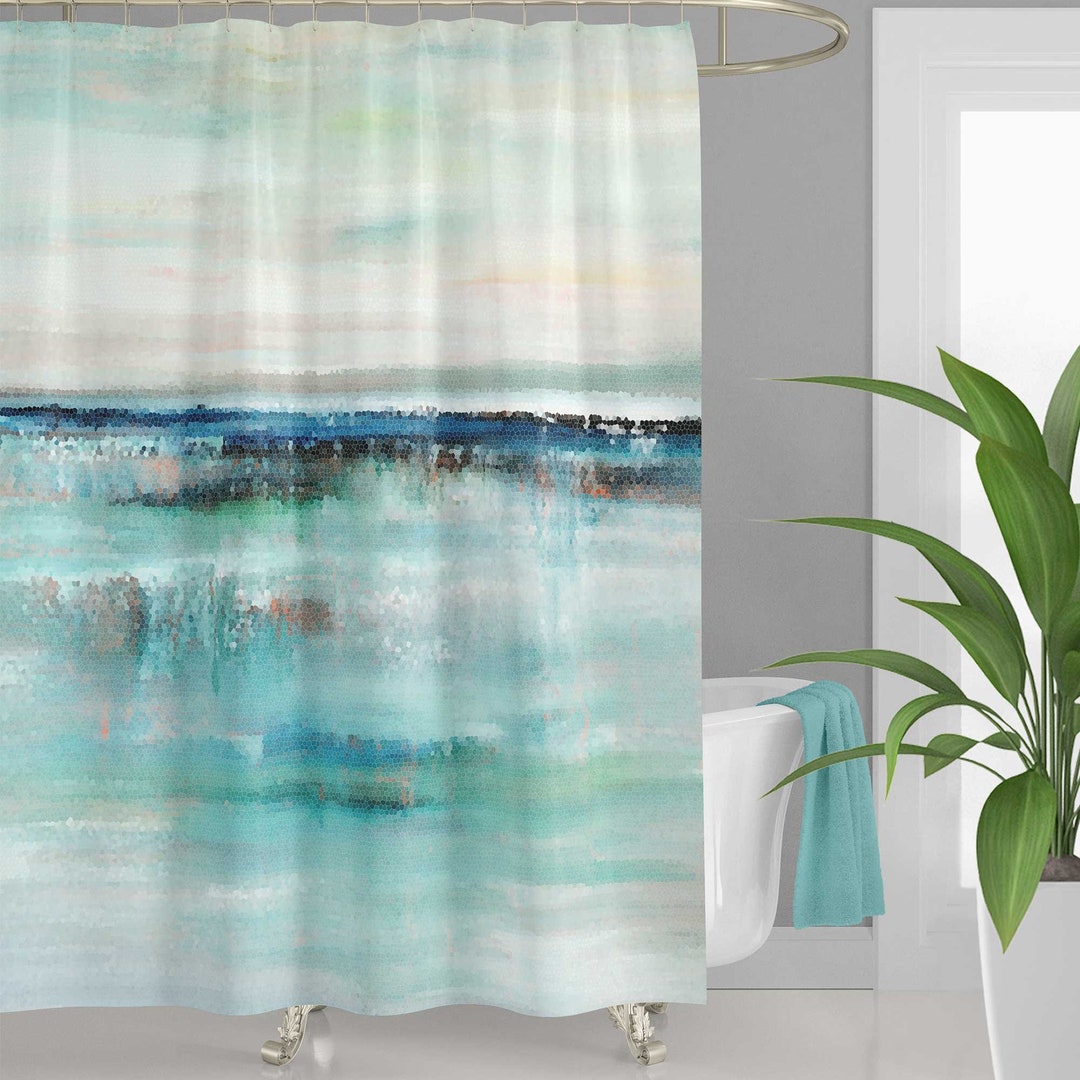 Coastal Shower Curtain, Abstract Beach Bath Curtain, Blue, Teal, Art ...