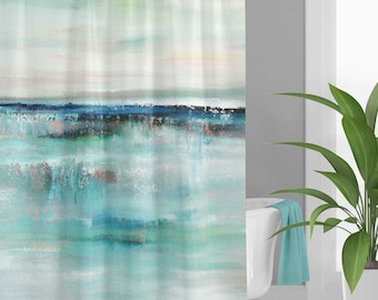 Abstract Seascape Shower Curtain, Teal Blue Coastal Bathroom Decor