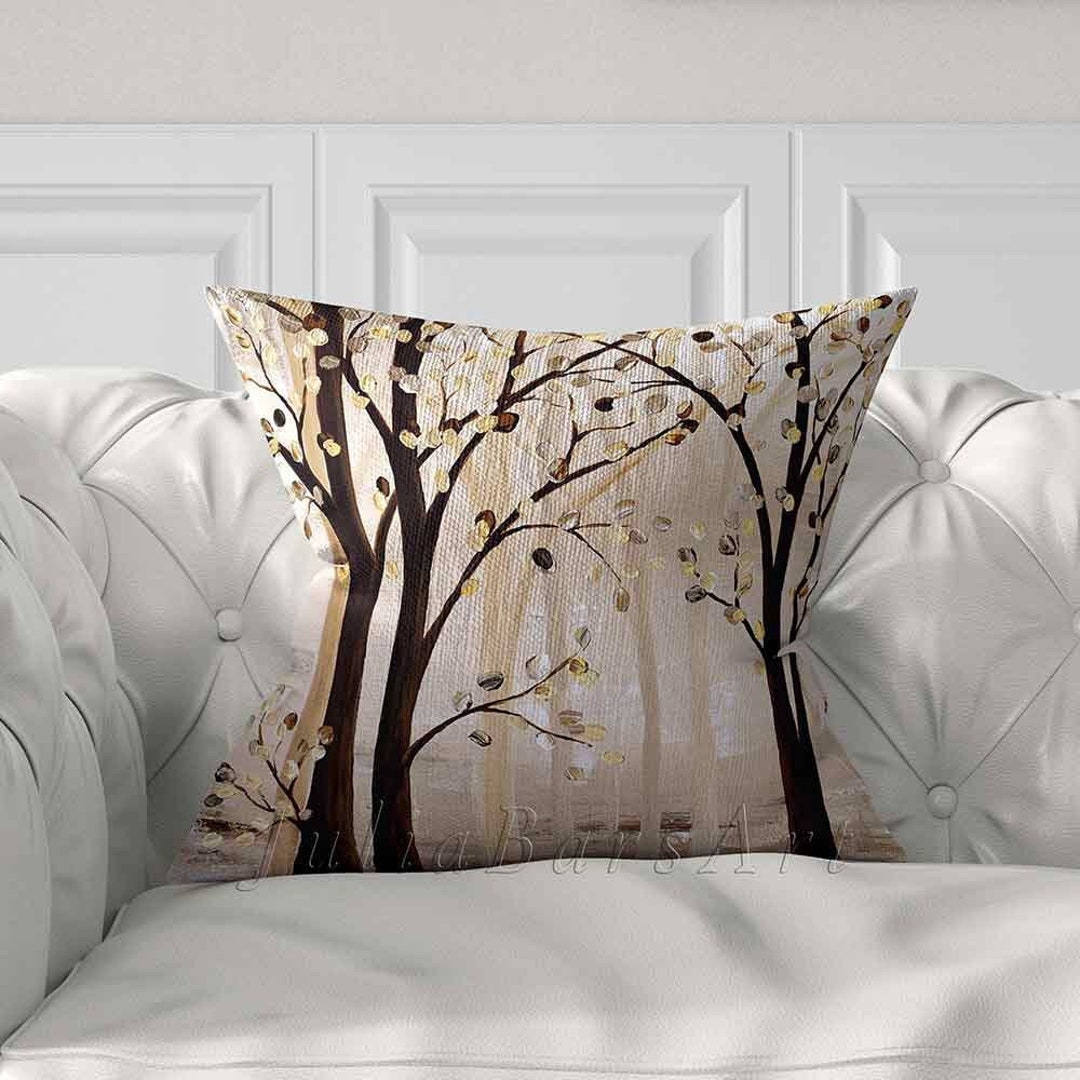 Brown Beige Pillow Cover, Tree Pillow, Leaves, Nature, Forest Art Throw Pillow Case, Rustic