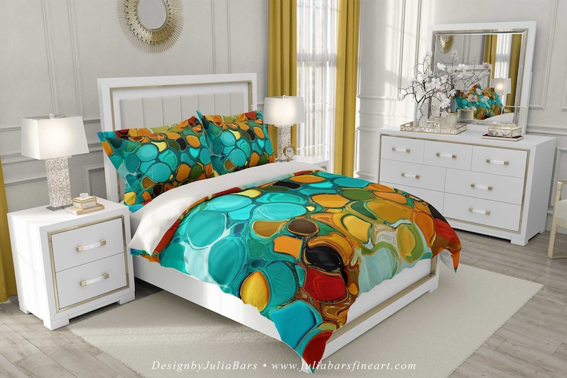 Teal And Orange Duvet Cover Abstract Bedding Set Queen King Comforter Blue Turquoise Bed Bohemian Twin