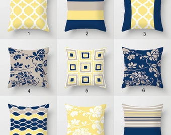 Blue Yellow Pillow Covers, Floral, Striped, Geometric Pillow Case, Gray Beige Cushion Covers, Mix Match Throw Pillows for Couch