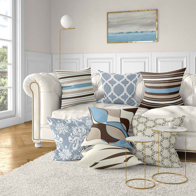 Blue Brown Pillow Covers Beige Throw Pillows Geometric Etsy