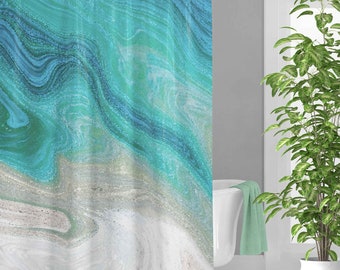 Coastal Shower Curtain, Teal, Green Abstract Ocean Beach Bath Curtain and mat