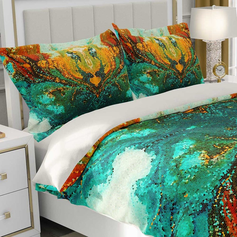 Bohemian Duvet Cover Teal Green Yellow Orange Abstract Etsy