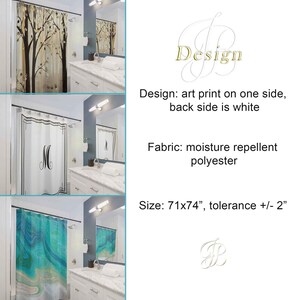 May include: Three shower curtains with different designs. The first shower curtain features a watercolor-style painting of trees with gold and brown leaves. The second shower curtain is white with a black monogram "M" in a black frame. The third shower curtain features a blue and green abstract design. The text "Design: art print on one side, back side is white" is visible. The text "Fabric: moisture repellent polyester" is visible. The text "Size: 71x74", tolerance +/- 2" is visible.