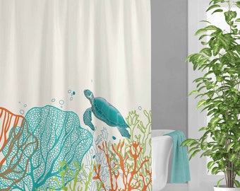 May include: A white shower curtain with a blue sea turtle swimming through coral reefs. The coral is in shades of orange, green, and blue.