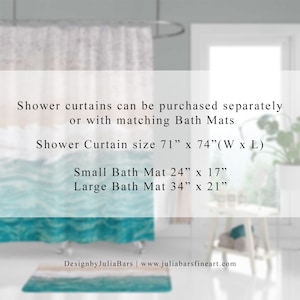 May include: A turquoise and white shower curtain with a wave pattern. The shower curtain is 71 inches wide by 74 inches long. There are also two bath mats available in matching colors and patterns. The small bath mat is 24 inches by 17 inches and the large bath mat is 34 inches by 21 inches.