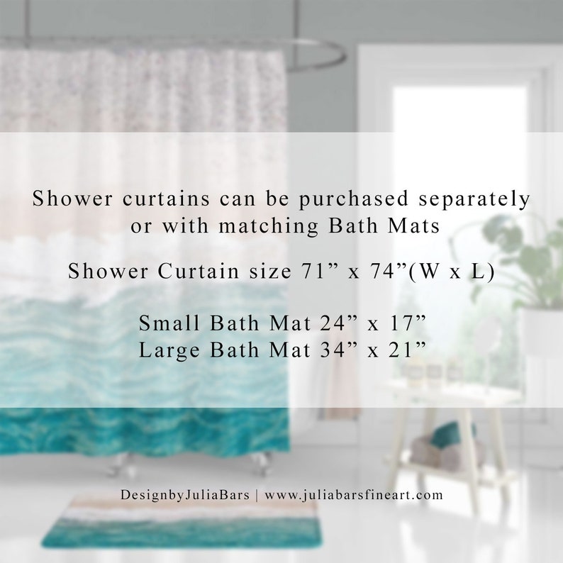 May include: A turquoise and white shower curtain with a wave pattern. The shower curtain is 71 inches wide by 74 inches long. There are also two bath mats available in matching colors and patterns. The small bath mat is 24 inches by 17 inches and the large bath mat is 34 inches by 21 inches.