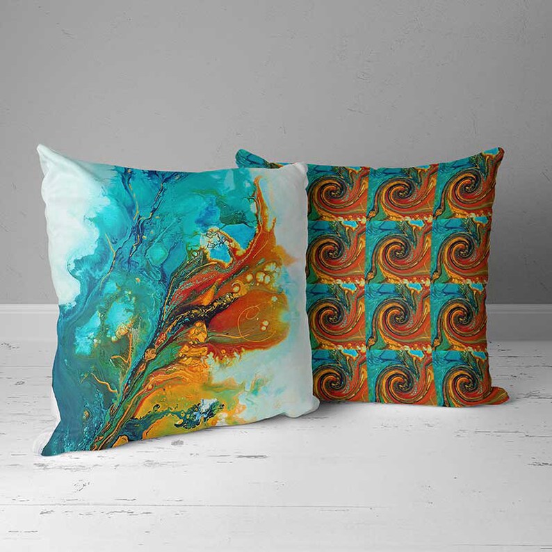 Teal Orange Throw Pillow Covers Art Pillow Case Cushion Etsy