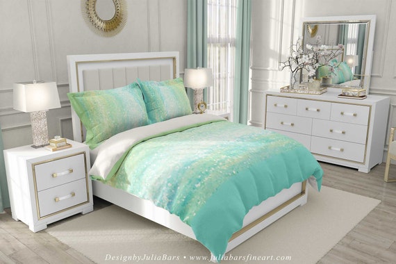 Mint Green Duvet Cover Pillow Cases Seafoam Green Aqua Blue Etsy