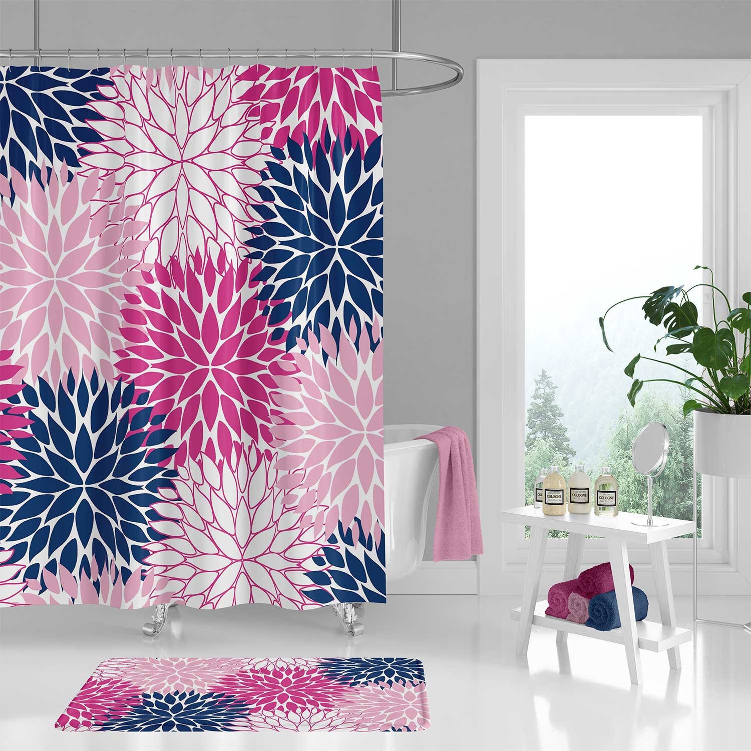 Hot Pink And Blue Shower Curtain Fuchsia Bath Mat Floral Etsy Hot Pink And Blue Shower Curtain Fuchsia Bath Mat Floral Etsy
