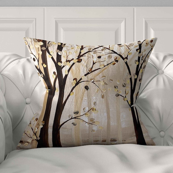 Brown Beige Trees Pillow Cover, Nature Throw Cushion Cover