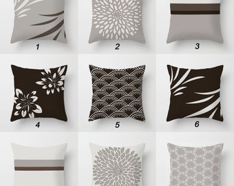 Brown Gray Pillow Covers, Floral, Geometric, Striped Cushion Cover, Mix Match Pillow Case, Neutral Pillow, Living Room Pillow, Unique