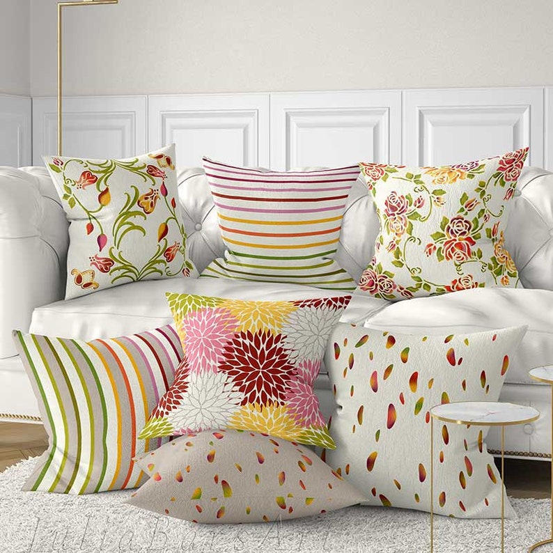 Floral Pillows Roses Throw Pillow Striped Pillow Covers Red Etsy