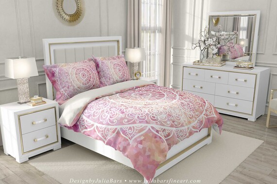 Mandala Duvet Cover White Pink Bedding Blush Pink Bohemian Etsy