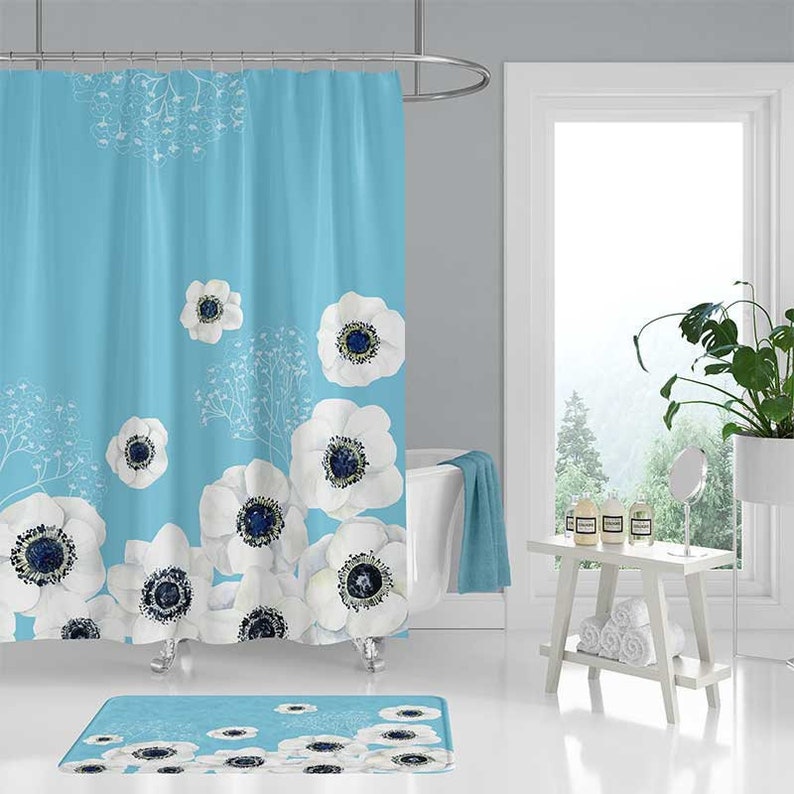 Fl Shower Curtain Set Bathroom Rug White Light Blue Image 0