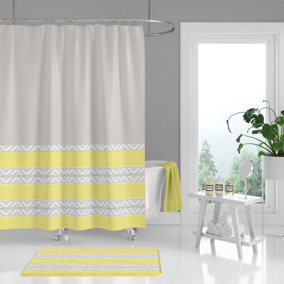 Light Gray Yellow Shower Curtain Bath Mat Striped Chevron Etsy