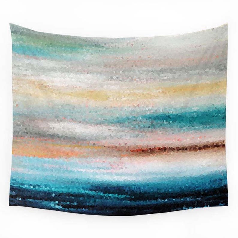 May include: Abstract tapestry with horizontal stripes in shades of blue, teal, white, brown, and beige. The stripes are made up of small, pixelated shapes.