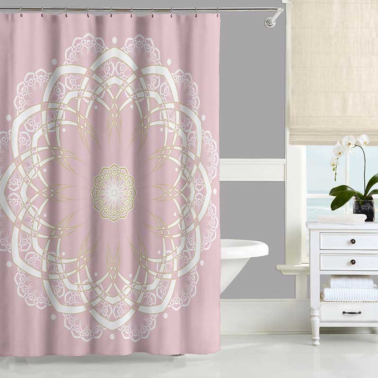 Pink Shower Curtain Bath Mat Pale Pink White Yellow Mandala Etsy