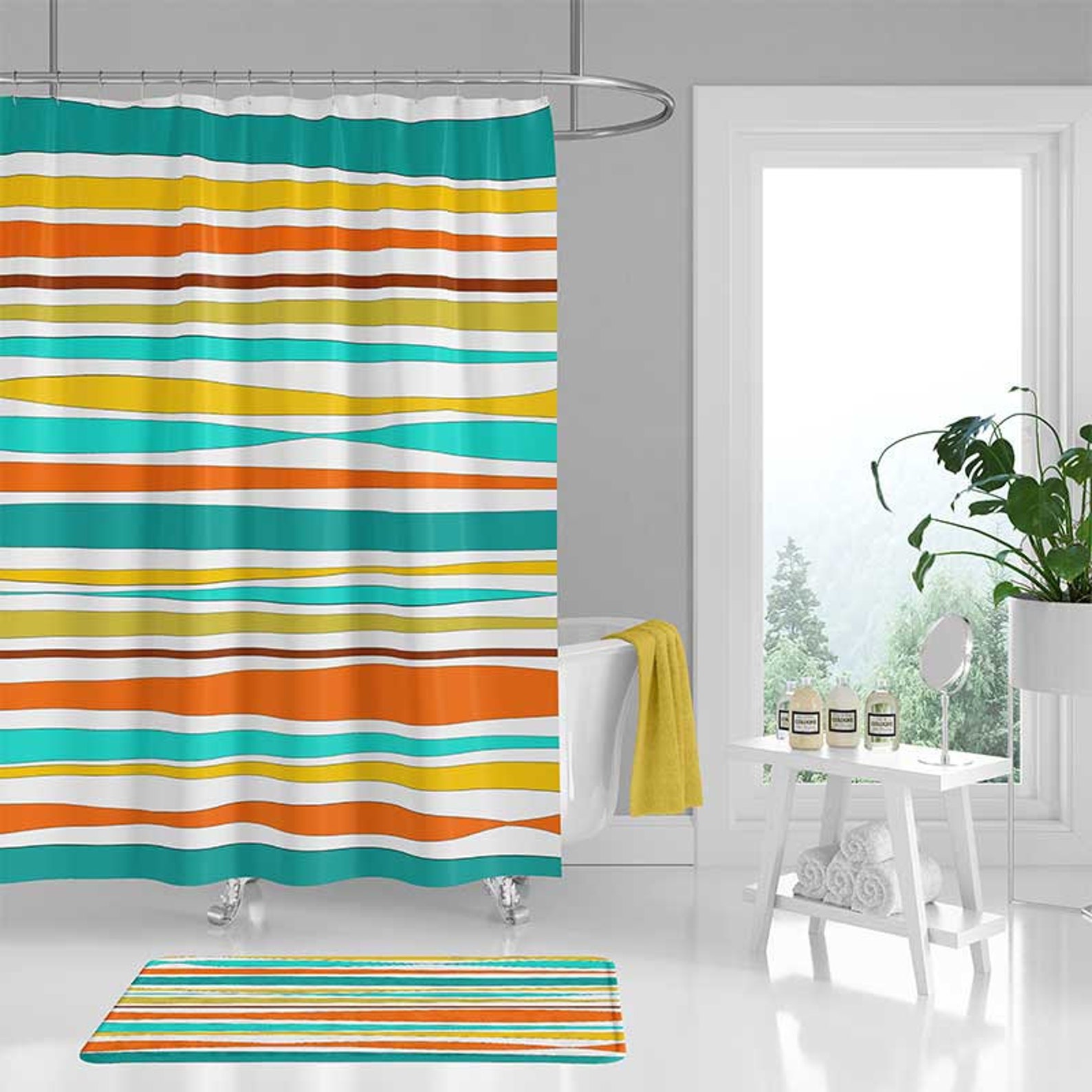 Mid Century Modern Shower Curtain with Colorful Stripes Bath Etsy