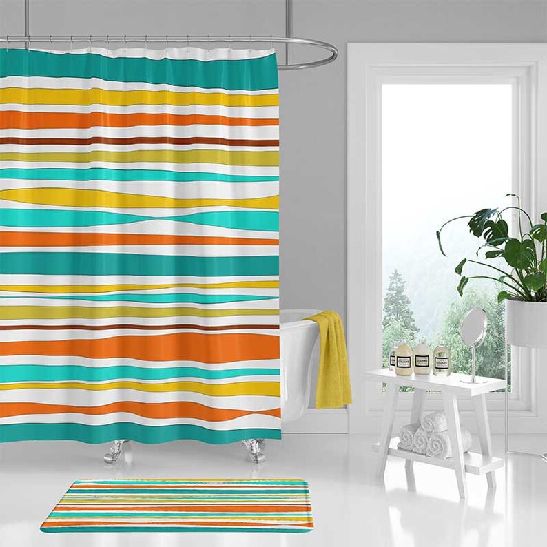 Shower Curtain Bath Mat Striped Yellow Orange Teal Aqua Blue Curtains Colorful Bathroom Decor