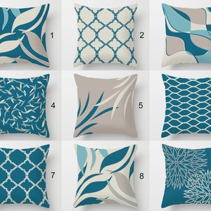 Teal Beige Pillow Covers, Gray Throw Pillow, Geometric, Floral, Trellis Cushion Cover, Unique Pillow Case, Mix and Match Pillows for Couch