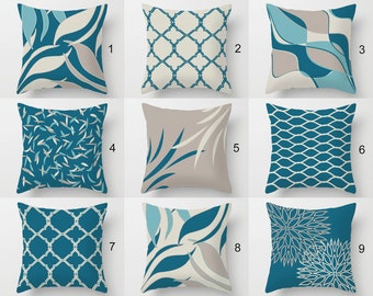 Teal Beige Pillow Covers, Gray Throw Pillow, Geometric, Floral, Trellis Cushion Cover, Unique Pillow Case, Mix and Match Pillows for Couch