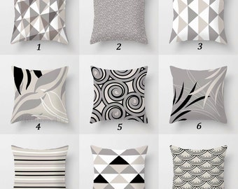 Gray Black Throw Pillow Covers, Floral, Geometric, Trellis, Striped Pillows, Neutral Colors Cushion Cover, Mix Match Sofa Couch Pillows