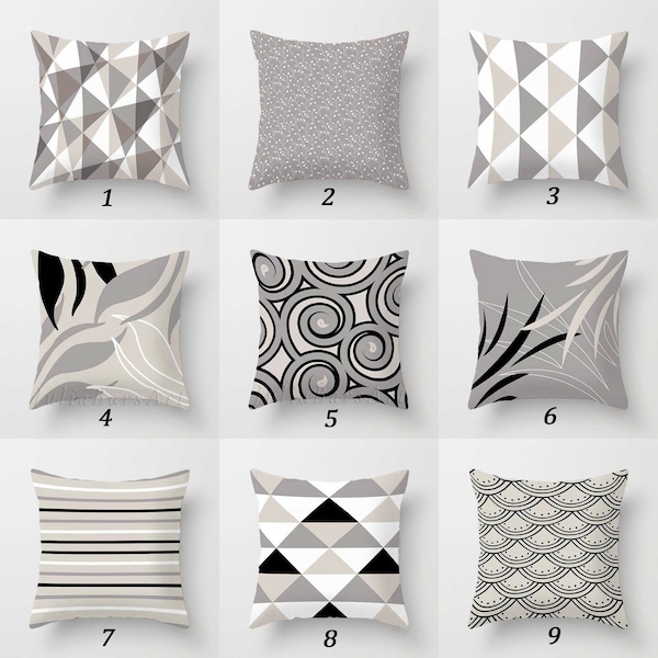 Gray Black Throw Pillow Covers, Floral, Geometric, Trellis, Striped Pillows, Neutral Colors Cushion Cover, Mix Match Sofa Couch Pillows
