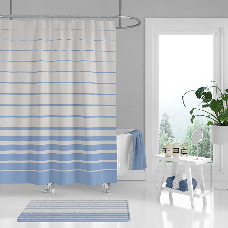 Blue Gray Shower Curtain Bath Mat Striped Bath Curtain Etsy