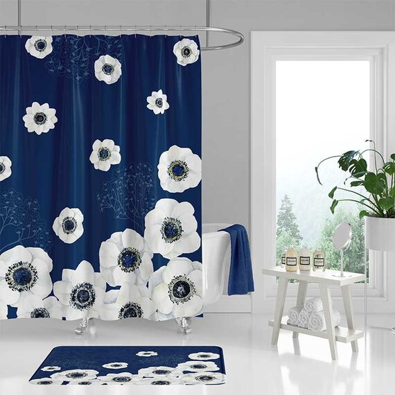 Fl Shower Curtain And Bath Mat Dark Blue Navy White 50
