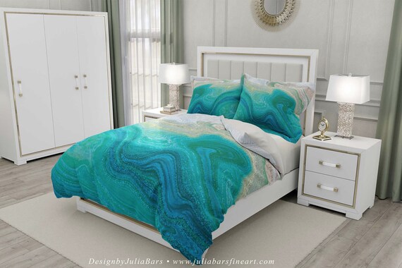 Coastal Duvet Cover Blue Seafoam Green Teal Bedding Set Abstract Wave Duvet Cover Twin Queen King Artistic Doona Cover Pillow Shams