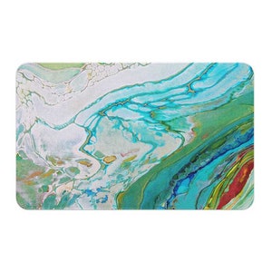 Coastal Bathroom Rug, Abstract Art Bath Mat, Ocean Seafoam Bath Mat, Blue Teal Green Orange Artistic Bathroom Décor, Non-slip Shower Mat