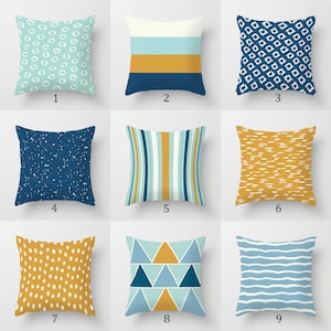 Blue Yellow Throw Pillow Cover, Striped, Geometric, Polka Dot Cushion Covers, Mix Match Teal Mustard Pillow for Couch, Lumbar Pillow