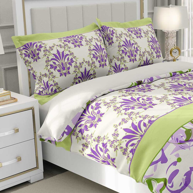 Duvet Cover Light Green Purple Lavender Floral Stripes Pillow Etsy