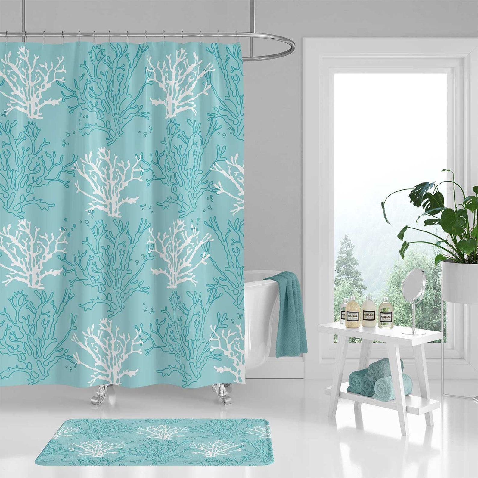 Light Teal Shower Curtain Bath Mat Light Blue Turquoise Etsy