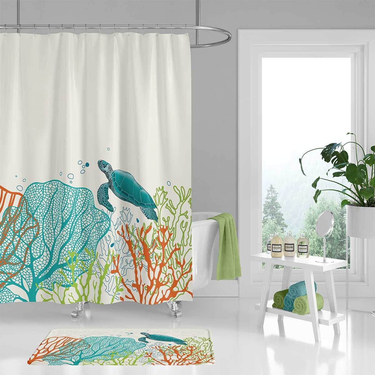 Ocean Shower Curtain,cartoon Under Sea Animal Whales Fishes And Coral Reefs  Cute Design For Kids Room Decor, Hooks Included, 72x72