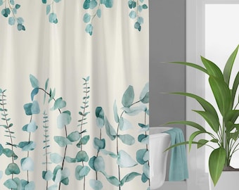 Blue Green Eucalyptus Shower Curtain, Botanical Floral Bath Curtain and Mat