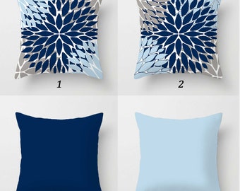 Blue Gray Pillow Cover, Floral Pillow Case, Dark Blue, Light Blue Throw Pillow, Flower Cushion Cover, Dahlia Pillow, Chrysanthemum Pillow
