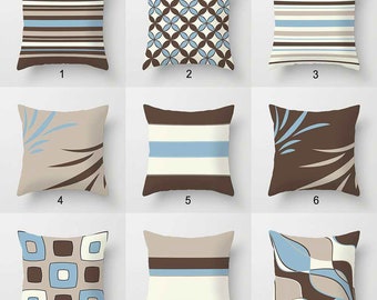 Blue Brown Throw Pillow Covers, Beige, Light Gray Geometric Mix Match Cushion, Toss Pillow Case, Sofa Pillow Sham Living Room Decor