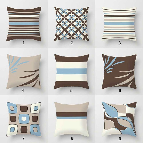 Blue Brown Pillow Covers, Striped Pillow, Geometric Pillow, Beige Cushion Cover, Unique Pillow Case, Throw Pillow for Couch, Living Room