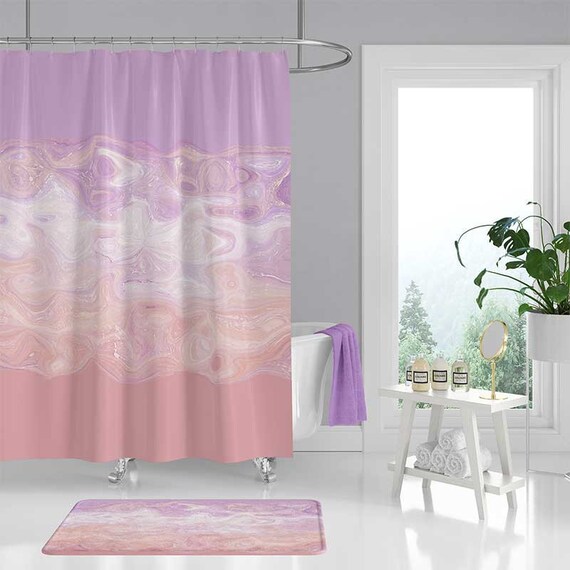 Pink Purple Shower Curtain Bath Mat White Lavender Abstract Etsy