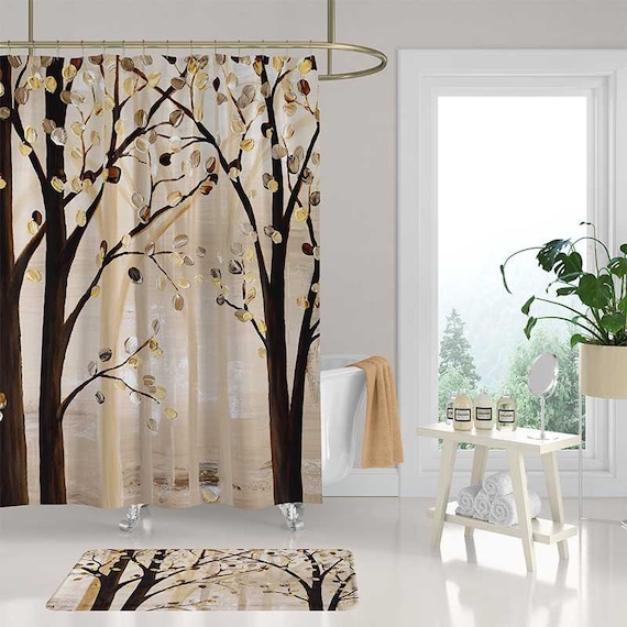 Beige Brown Trees Shower Curtain Nature Forest Neutral Tone