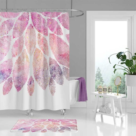 Pink Purple Shower Curtain And Bath Mat Floral Shower Etsy