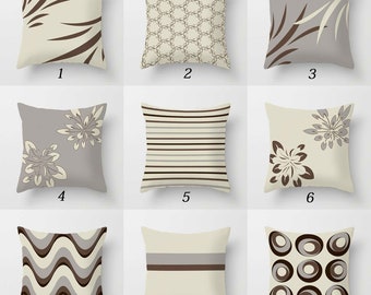 Beige Brown Pillow Cover, Striped, Geometric, Trellis, Floral Throw Pillow, Farmhouse Pillow Case, Neutral Gray Cushion Cover, Unique Pillow