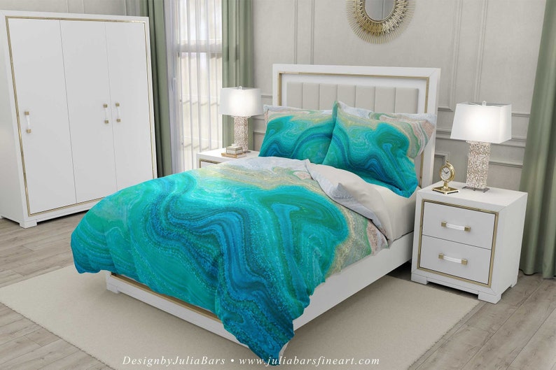 Abstract Duvet Cover Teal Blue Sea Foam Green Beige Etsy